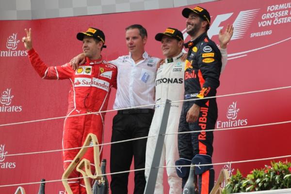 Podium GP Austria, Bottas (1), Vettel (2), dan Ricciardo (3)