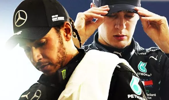 Lewis Hamilton dan George Russell, dua driver Inggris beda generasi di kubu Mercedes. (Foto: express.co.uk)