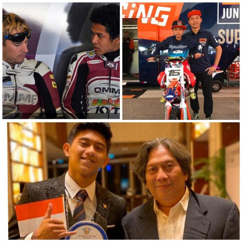 Searah jarum jam dari kiri atas Rafid Topan dengan teammatenya di Moto2, Irwan Ardiansyah dan putranya, serta Vicky bersama jagoannya Diva Ismayana sang juara Supermoto Asia 2019. (foto : kolase)