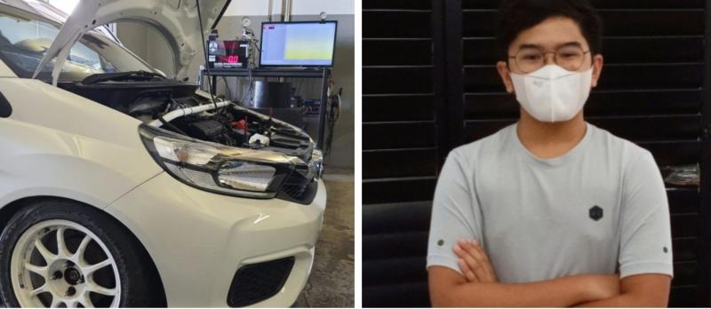 M Kaenan Rito Sini dan mobil Honda Brio yang telah siap dipakai untuk latihan balap mobil ISSOM. (foto : kolase)