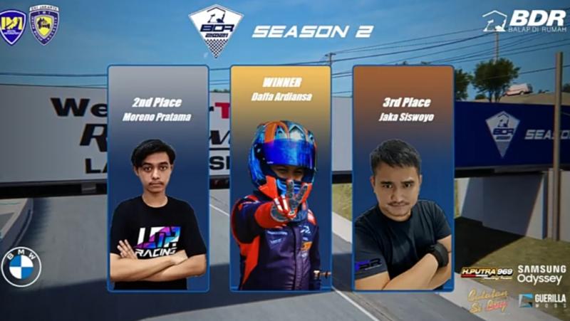 Dari kiri Moreno Pratama, Daffa AB dan Jaka Siswoyo, para peraih podium Elite Class round 3 BDR 2021 Season 2 di Laguna Seca hari ini 