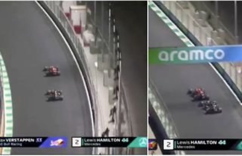 Detik-detik jelang tubrukan, tampak Max Verstappen sisakan jalur kiri tapi Lewis Hamilton justru ke belakang mobilnya. (Foto: ist)