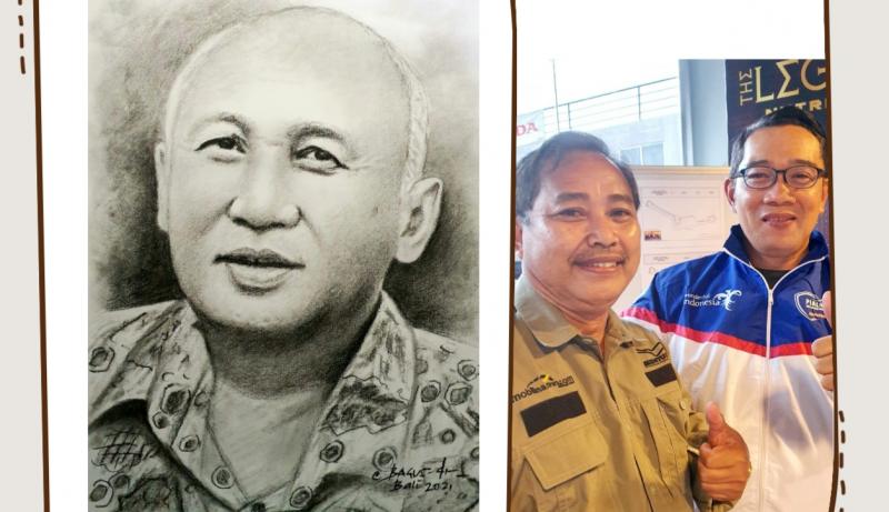 Lukisan diri H Tinton Soeprapto (kiri), dr Ida Bagus Darmayasa bersama Gubernur Jabar Ridwan Kamil di sirkuit Sentul Bogor hari ini