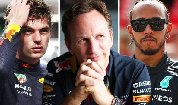 Christian Horner (Team Principal Red Bull) di antara Max Verstappen dan Lewis Hamilton. (Foto: express)