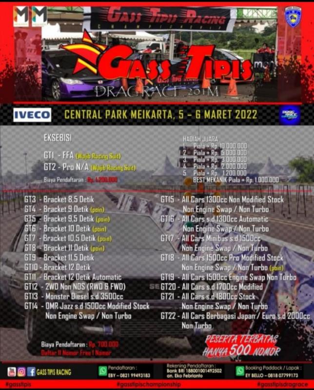 Event drag race dengan tajuk Gass Tipis Drag Race 201M siap digelar di lintasan balap Central Park Meikarta kabupaten Bekasi, Jawa Barat