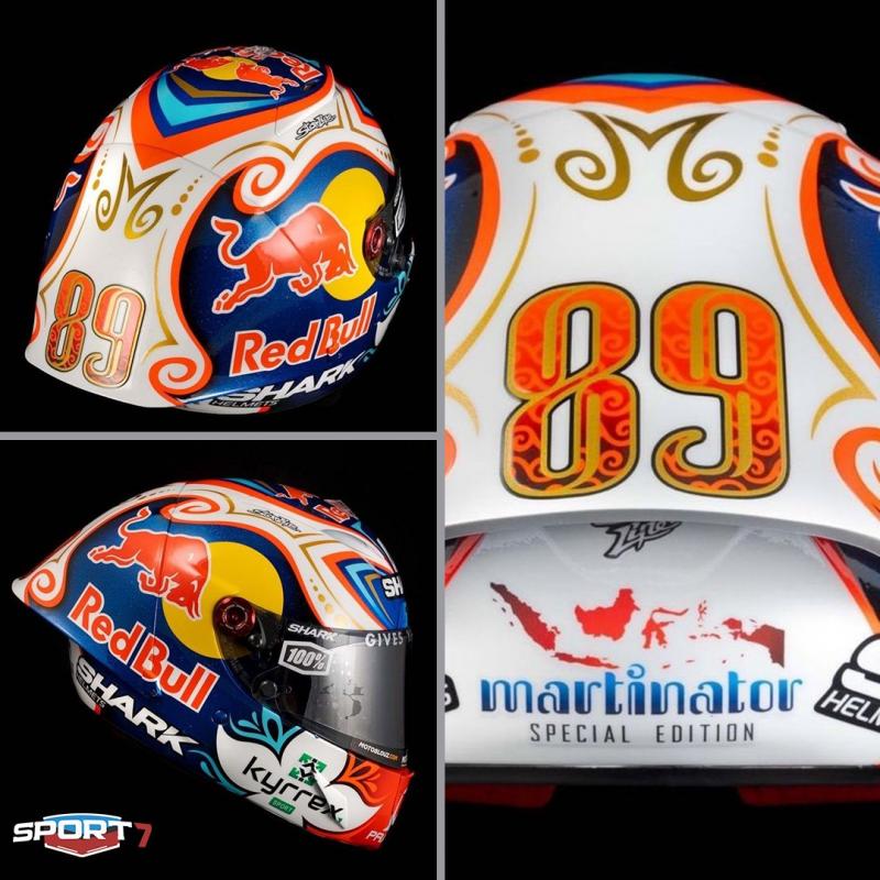 Helm motif batik milik Jorge Martin (Pramac Ducati) plus peta Indonesia). (Foto: ist)