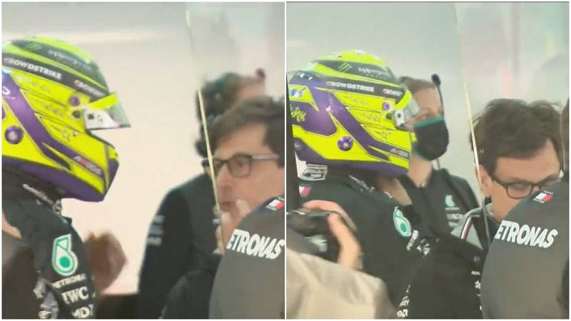 Tangkap layar pertengkaran Lewis Hamilton dengan Toto Wolff di dalam garasi tim Mercedes. (Foto: ist)