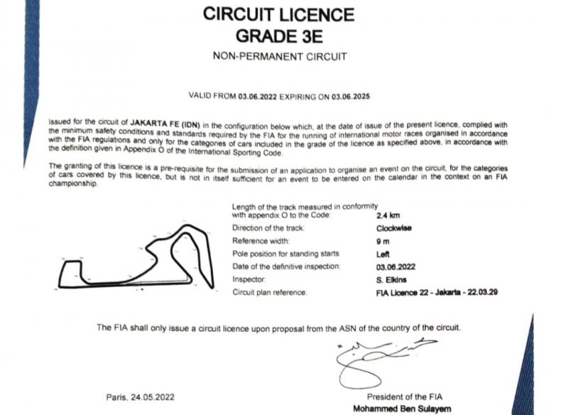 Homologasi untuk Jakarta International E-Prix Circuit Ancol telah dikeluarkan oleh FIA dengan kualifikasi Grade 3E