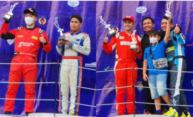 Daffa AB (kedua dari kiri) dan Rio SB (tengah) di atas podium juara kelas ITCR 1500 Promotion dan Master putaran 4 ISSOM 2022 di Sentul International Circuit Bogor hari ini