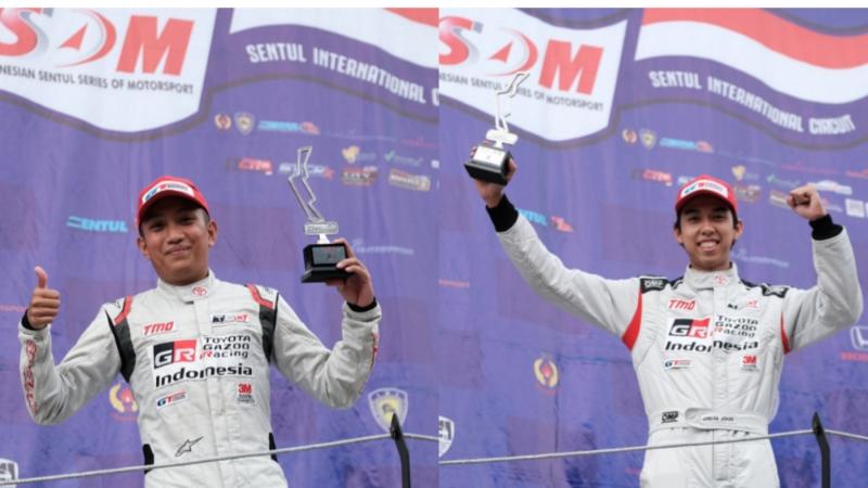 Demas Agil (kiri) dan Jordan Johan meraih podium pada 2 kelas Kejurnas untuk Toyota Gazoo Racing Indonesia di ajang ISSOM 2022 putaran 4, Sentul International Circuit, Bogor, Minggu (4/9/2022). (foto : tgri/kolase)