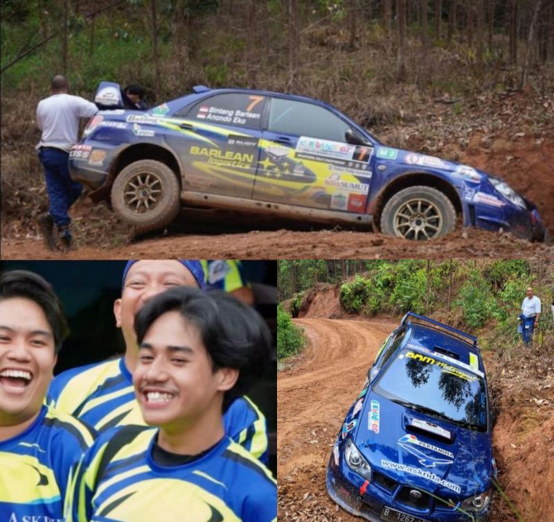 Subaru Impreza yang dikendarai Bintang Barlean dan co-driver Anondo Eko loss power di SS 9 APRC Danau Toba Rally 2022, dan keceriaan ala remaja berusia 17 tahun. (foto : ist)