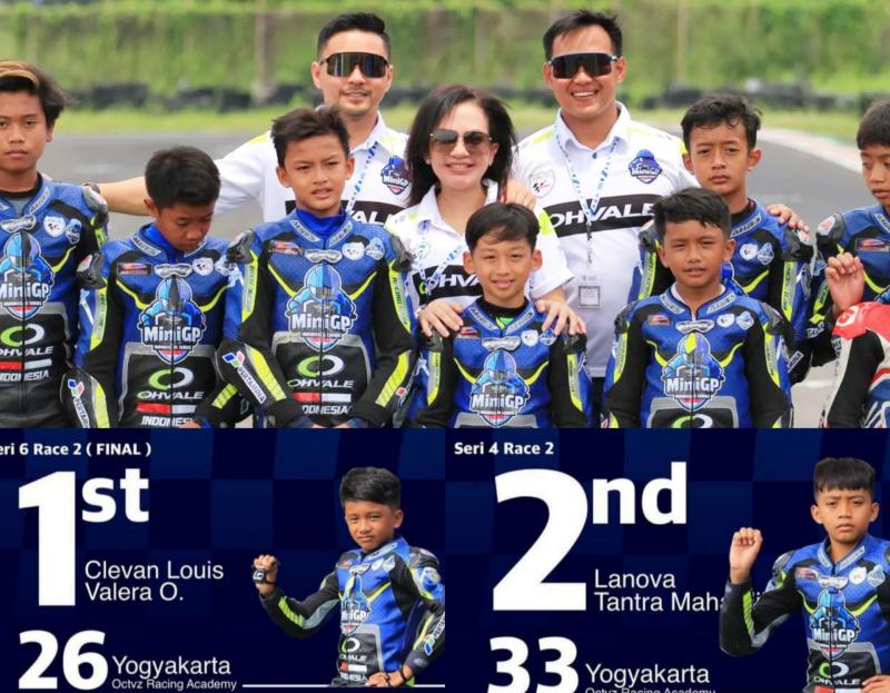 Valera dan Tantra bersama para pembalap FIM MiniGP Indonesia Series 2022 serta trio penyelenggara Harlan Fadilah, Mahrani serta Doni Tata Pradita. (foto : minigpina/kolase)