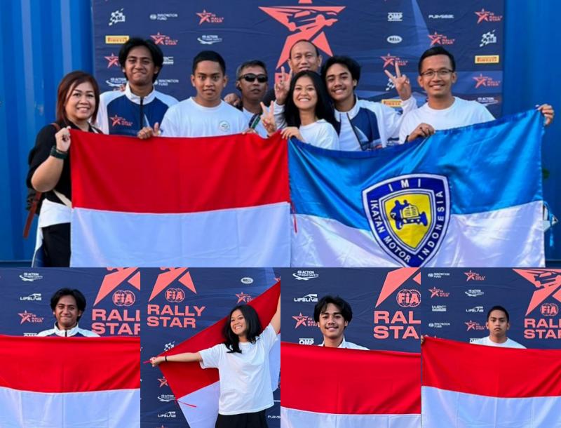 Kontingen Indonesia ke FIA Rally Star 2022 di India (atas), Farrel, Canya, Bintang dan Zharfan (dari kiri ke kanan, bawah)