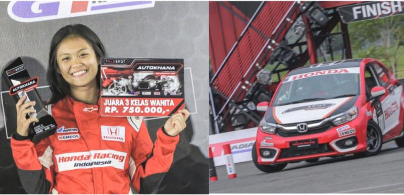 Canya Prasetyo dengan trofi kejuaraan (kiri), Honda Brio andalan Honda Racing Indonesia di ajang Kejurnas Slalom 2022