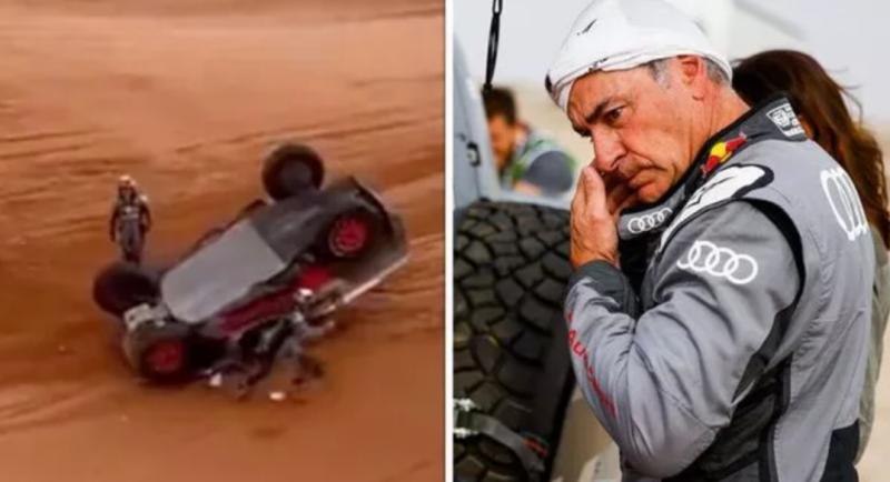 Carlos Sainz (Spanyol) dan kondisi mobilnya yang terguling-guling di gurun pasir Arab Saudi pada event Dakar 2023. (Foto: dakar)