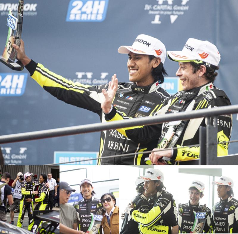 Kerja bareng pertama Sean Gelael dan Valentino Rossi hasilkan podium juara 3 di kejuaraan balap ketahanan 24H Dubai di Uni Emirat Arab. (foto : kolase)