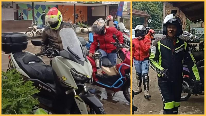 Rider wanita satu-satunya Selva Tanudjaya (jaket merah) yang sempat terjatuh dibantu Joel D Moestana (Road Captain) dalam touring Imlek Legend Riders Jakarta - Solo hari pertama Jumat (20/1/2023)