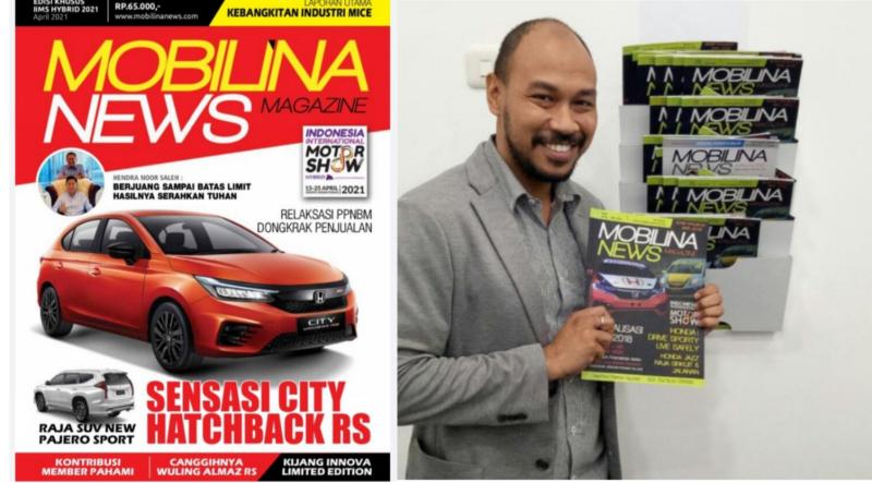 Contoh Mobilinanews Magazine edisi khusus IIMS (kiri), Yulian Karfili dari PT Honda Prospect Motor siap membaca Mobilinanews Magazine. 