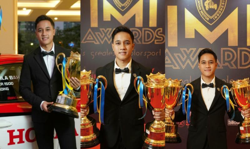 Avila Bahar, dengan 2 trofi juara nasional balap mobil kelas ITCR 1500 yang diterimanya pada anugerah IMI Awards 2021 - 2022 di Golden Ballroom Sultan Hotel Jakarta, 18 Februari lalu. (foto : ist) 