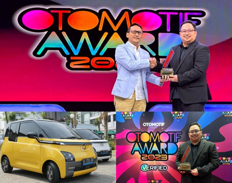 Brian Gomgom selaku Public Relation Manager Wuling menerima penghargaan mobil listrik Wuling Air ev sebagai Rookie of the Year ajang Otomotif Award 2023 di Studio 1 KompasTV Jakarta hari ini