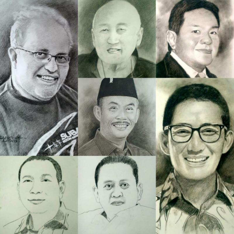 Searah jarum jam, dari kiri atas : Mendiang Helmy Sungkar, H Tinton Soeprapto, Soebronto Laras, Sandiaga Uno, Bamsoet, Hutomo MP dan Prasetyo Edi Marsudi. (foto : lukisan dr Bagus)