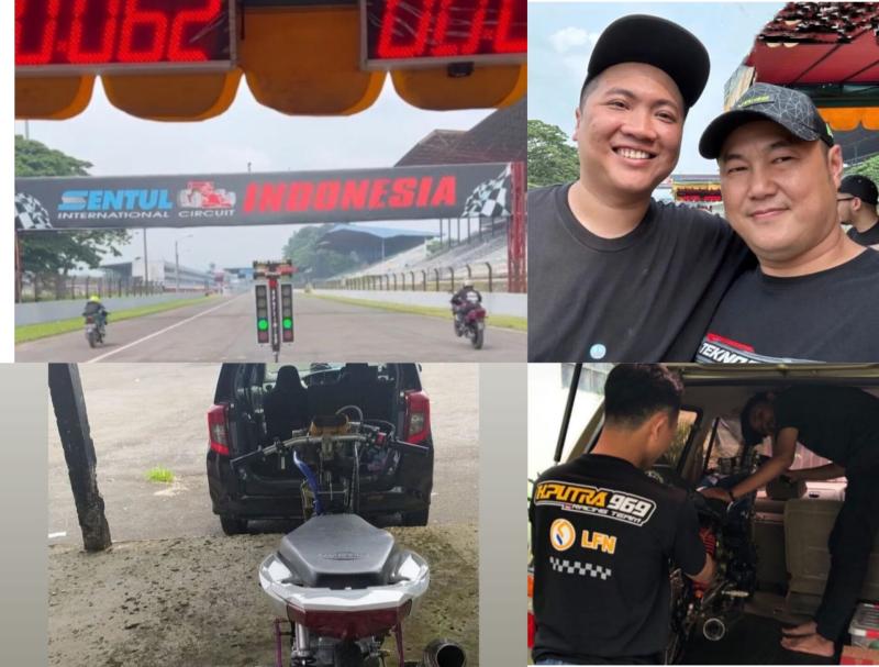 Latihan bersama dan setting motor drag bike gratis oleh H Putra Rizky di Sentul International Circuit Bogor Senin kemarin. (foto : kolase)