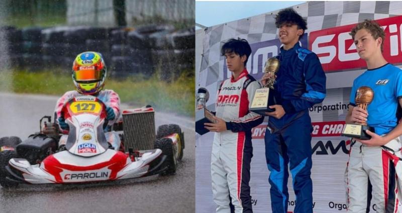 Calvin Wibowo dengan nomor favoritnya 127 (kiri), dan Aditya Wibowo (tengah) di podium juara kelas Senior kejuaraan IAME Asia Series 2023 di sirkuit Sepang Malaysia. (foto : kolase)