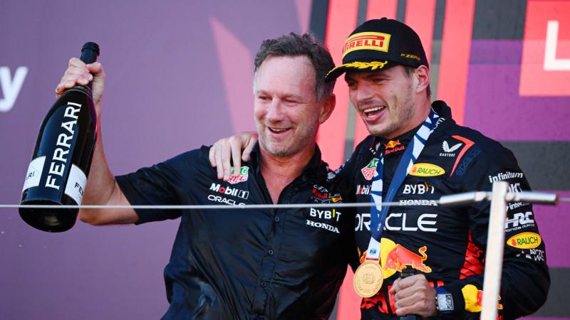 Max Verstappen dan Team Principal Red Bull Racing Christian Horner saat pastikan gelar juara dunia konstruktor 2023 di Jepang. (Foto: f1)