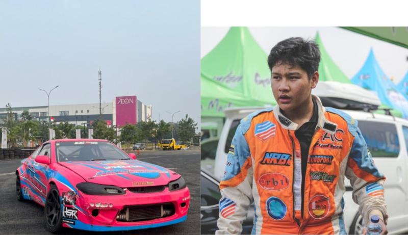 Naufal Rafif Busro (kanan), dan mobil driftnya yang didominasi warna pink terinspirasi dari drifter Jepang. (foto : kolase)