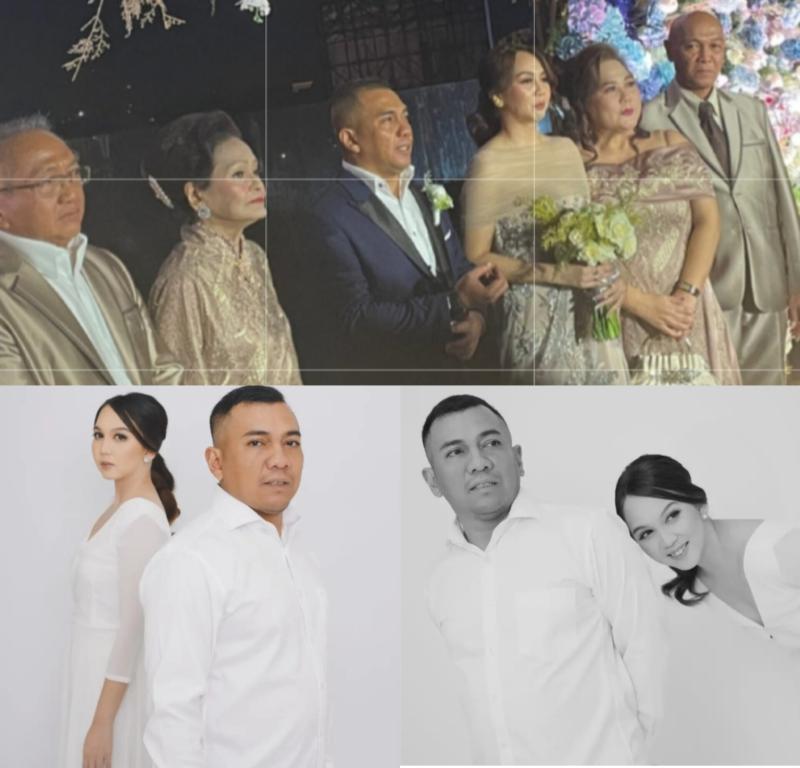 Fino Saksono dan Preiscilla Angelline Karamoy didampingi kedua orang tua masing-masing saat resepsi pernikahan di Jakarta Selatan, Jumat (3/11/2023) malam